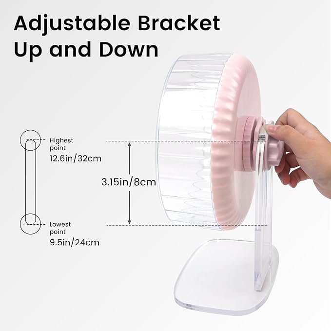 Silent Hamster Wheel, 8in Hamster Wheel with Adjustable Stand, Double-Bearing Quiet Spinner for Syrian Hamsters, Hedgehogs, Mice & Small Pets, Pink