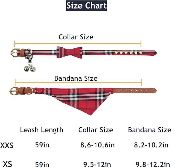 3PCS Bow Tie Dog Collar and Leash Set Plaid/Camo/Dots/Flower Dog Bandanas with Bell 3 Size Adjustable for Small Dogs Puppies and Cats (XS, Red Plaid 2)