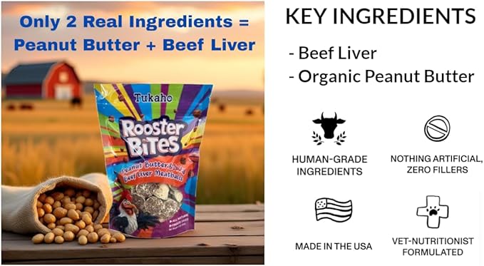Rooster Bites Peanut Butter Beef Liver Dog Treats – Only 2 Ingredient Freeze Dried Training Treats for Dogs & Cats – High Protein, All Natural, Made in USA – Picky Eater Approved