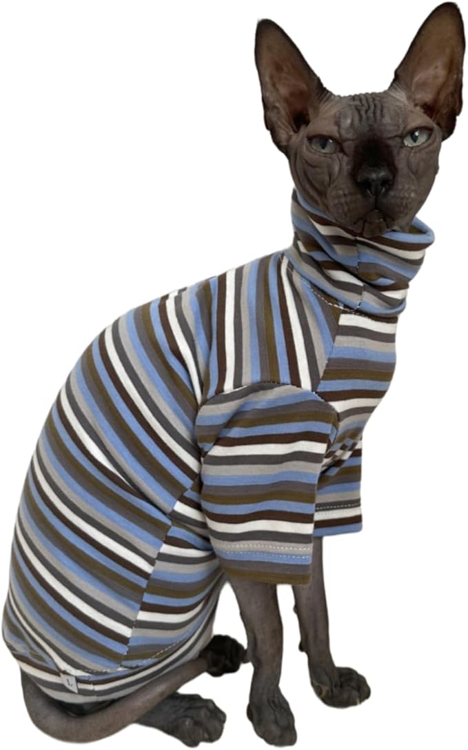 Vintage Stripes Sphynx Hairless Cats Shirt Cotton Cat Turtleneck Pet Clothes Kitten T-Shirts with Sleeves for Sphynx Cats (Storm, Large)