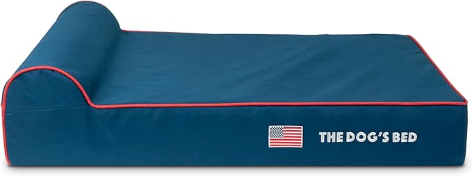 The Dog’s Bed Orthopedic Memory Foam Dog Bed with Headrest, Calming Surface – CertiPUR-Certified Foam, Oxford Fabric, Blue with Red Trim USA Flag, Large, 6-Inch