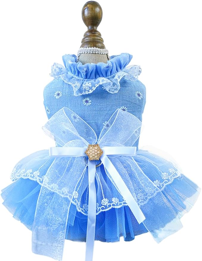 ANIAC Daisy Small Dog Dresses Female with Leash Ring,Bow Knot Girl Puppy Wedding Dress,Valentine's Cat Outfit,Fancy Pet Party Dress for Kitten Chihuahua Yorkie Pomeranian (Blue, Large)