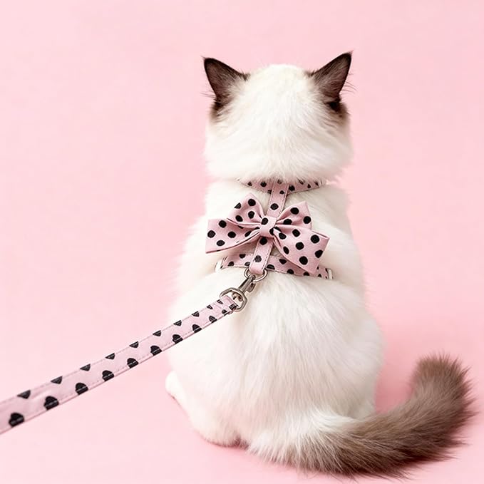 Cat Harness and Leash Set, Sweet Bow Accent Kitten Collar, Escape Proof Pink Dog Harness, Cute Polka Dot Print Puppy Collar, Girl Dog Leash for Small Dogs Cats Outdoor Walking (Pink, M)