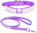 Cute Dazzling Sparkling Elegant Fancy Soft Suede Leather Bling Rhinestone Crystal Jeweled Pet Cat Dog Puppy Collar Dog Leash Combo Set (XS(Neck8-10), Purple-5)