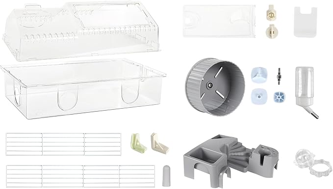 Hamster Cage Starter Kit 22″Lx12″Wx15″H with Combination of Bathtub & Food Bowl & Steps, φ6″ Exercise Wheel, Water Bottle, Sunroof, Lockable Door, Transparent/Gray