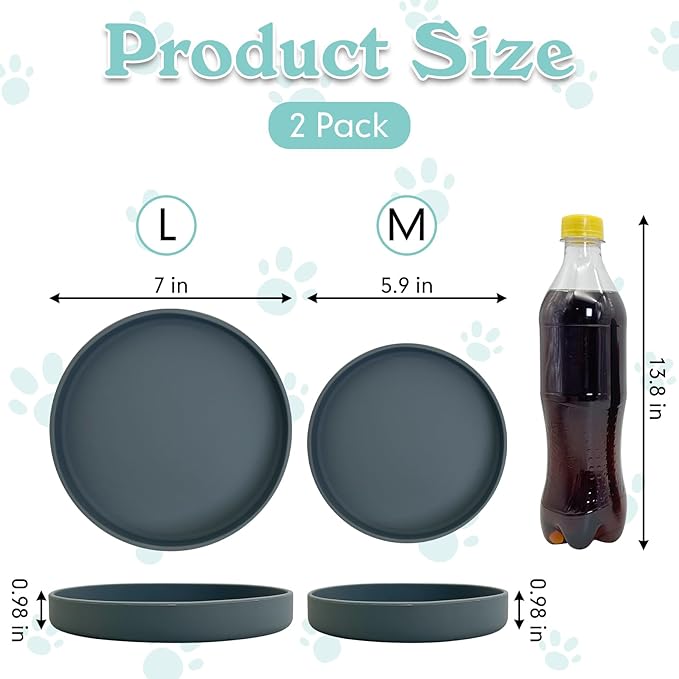 Silicone Dog Bowl Shallow Cat Food Bowls 7in Flat Puppy Plates Cute Whisker Fatigue Pet Feeding Dishes Set of 2 for Dry and Wet Food Indoor (Round Dark Grey)