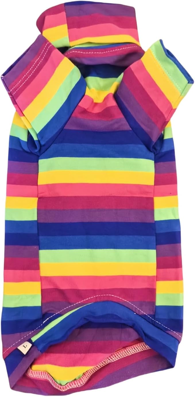 Vintage Stripes Sphynx Hairless Cats Shirt Cotton Cat Turtleneck Pet Clothes Kitten T-Shirts with Sleeves for Sphynx Cornish Rex, Devon Rex, Peterbald (Rainbow Stripe, S (3.3-4.4 lbs))