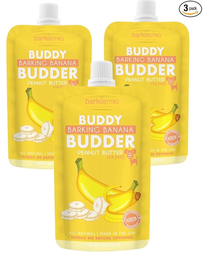 Barkin Banana Buddy Budder Peanut Butter for Dogs, 3 Pack, 4 oz Squeeze Packs