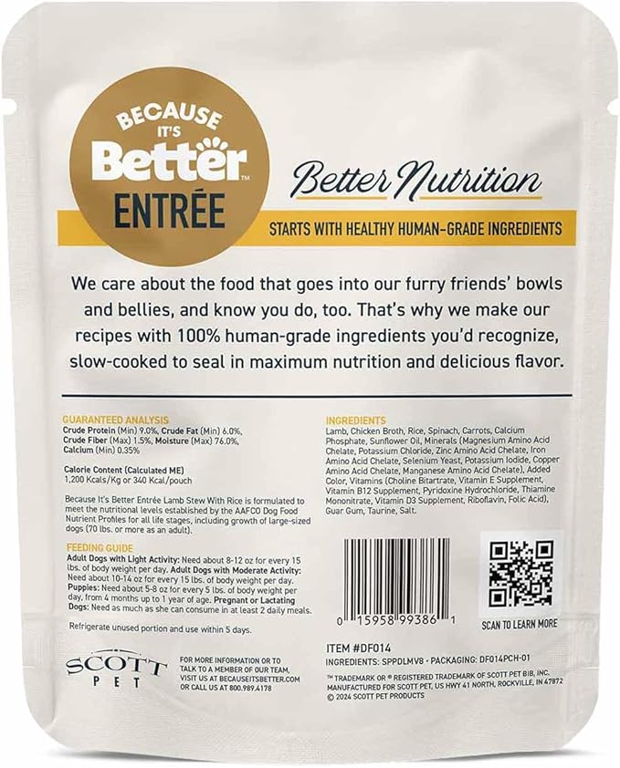 Because It's Better Entrée Complete Meal, Lamb Stew with Rice, Human Grade Wet Dog Food, 10 oz Pouches, 6 Count