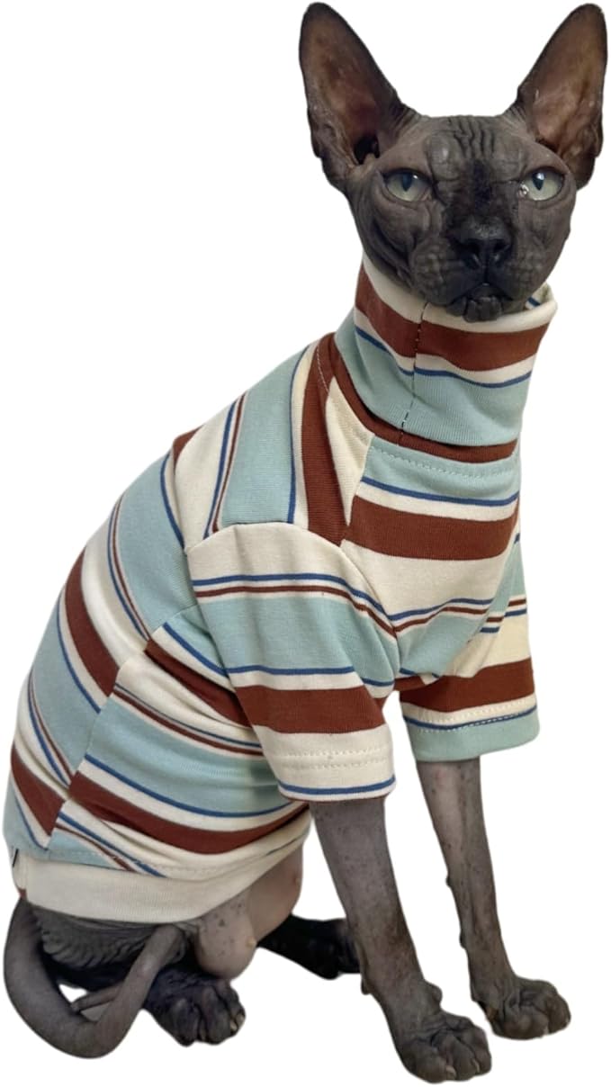 Vintage Stripes Sphynx Hairless Cats Shirt Cotton Cat Turtleneck Pet Clothes Kitten T-Shirts with Sleeves for Sphynx Cornish Rex, Devon Rex, Peterbald (Mint Brown, X-Large (Pack of 1))