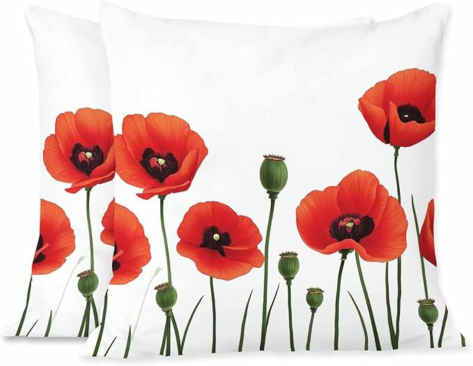Throw Pillow Covers Red Poppies Field and Green Bud Watercolor Soft Square Pillowcase,Cushion Case for Couch Sofa Bed Bedroom Car Living Room 18X18 Inch Pack of 2