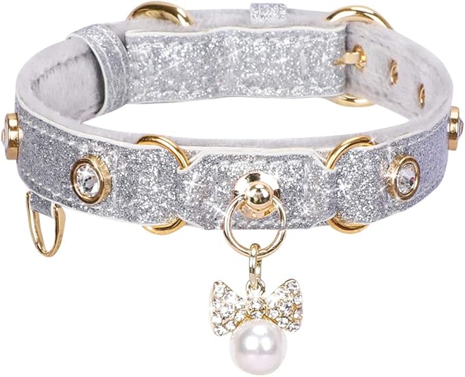PetsHome Cat Collar, Dog Collar, [Bling Rhinestones] PU Leather Adjustable Pet Collar with Luxury Pendant for Big Cat and Small to Medium Dog Small Silvery