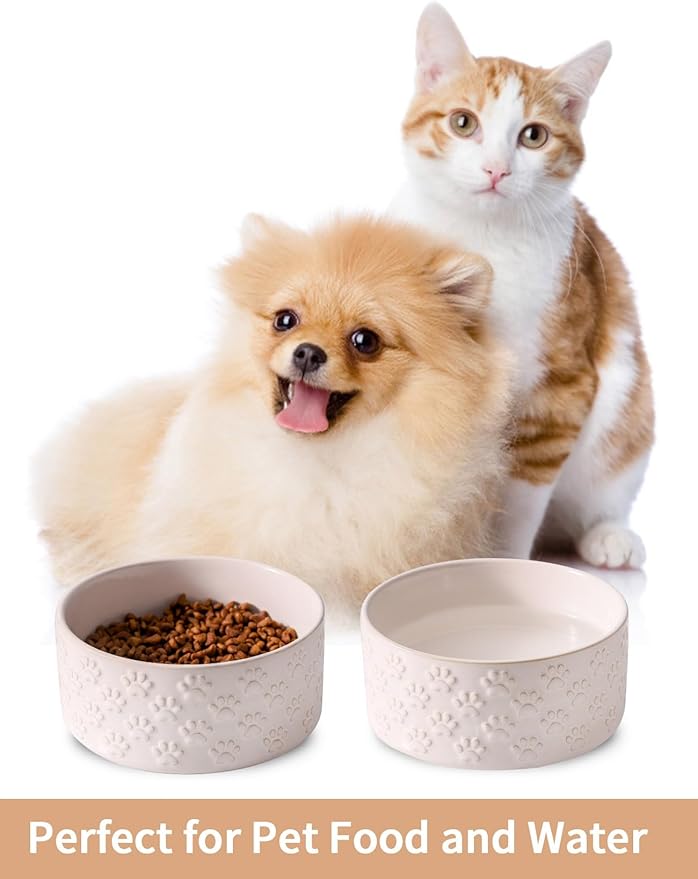 UBEE Small Dog Bowls Set of 2, 5.1 inch Ceramic Dog Dish Food Bowl, Pet Food Water Dish Feeding for Small Dogs and Large Cat, Paw Pattern, 5.1 in-Small, White