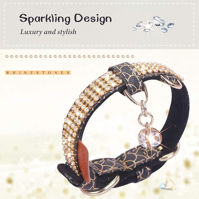 PetsHome Cat Collar, Dog Collar, [Bling Rhinestones] Premium PU Leather with Pendant Adjustable Collars for Cat and Small Dog Extra Small Black