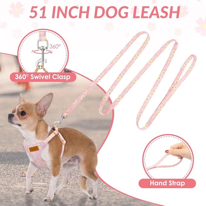 SlowTon No Pull Dog Harness with Leash - Soft Lightweight Floral Pattern Puppy Harness, Adjustable Pet Harness for Small Medium Dogs (Pink Daisy M)