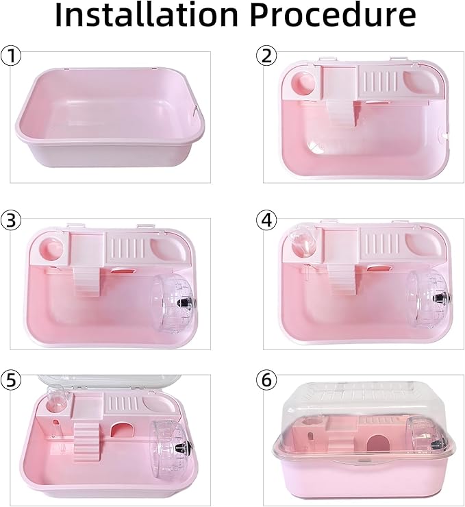 Hamiledyi Dwarf Hamster Cage Clear Plastic Small Hamster Cage Portable Carrier with Water Bottle Exercise Wheel Bathtub Box Set Toy for Dwarf Baby Hamster (Pink)
