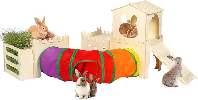 Extra Large Wooden Rabbit Hideout with Tunnels and Hay Feeder - Multistory Bunny Castle with Stairs, Climbing Tower and Sturdy Habitat for Indoor Bunnies, Guinea Pigs, Chinchillas Small Animal