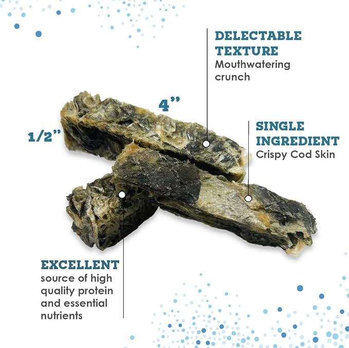 Cod Skins Alaskan Cod Fish Training Treats for Dogs-Dehydrated Fish, All Natural Human Grade Skins - Low Fat Treat Sustainably Sourced in USA (6.6 Oz)