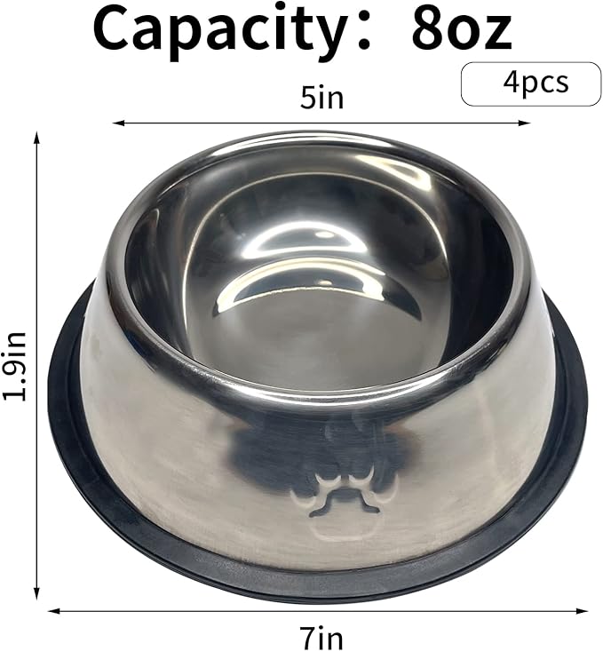 Fhiny 4Pcs Stainless Steel Dog Cat Bowl with Rubber Base Pet Food and Water Feeder Bowls Stackable Non-Slip Dish Plate for Small Medium Animals Puppy Kitten Rabbit