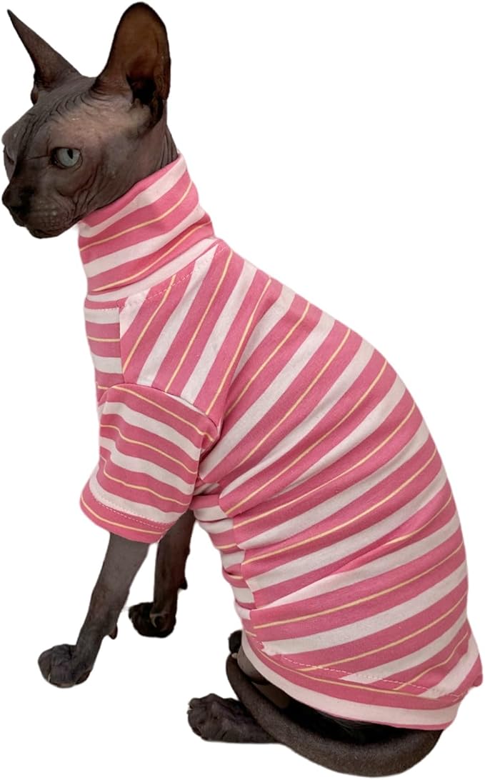 Vintage Stripes Sphynx Hairless Cats Shirt Cotton Cat Turtleneck Pet Clothes Kitten T-Shirts with Sleeves for Sphynx Cats (Sakura, XX-Large)