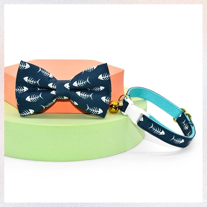 Fish Bone Cat Collar Bow Tie, Breakaway Safety Collar, Wedding/Birthday Cat Accessories, Adjustable Bowtie, Removable Jingle Bell