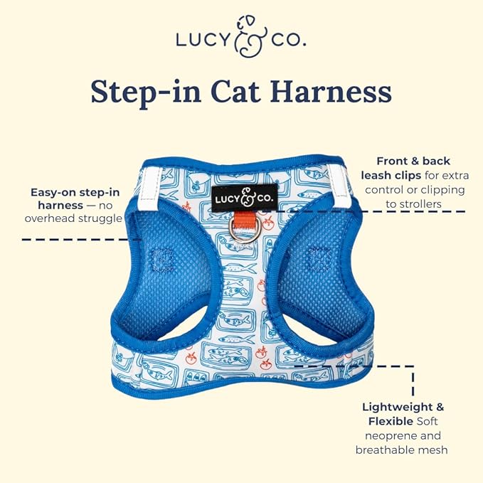 Lucy & Co. Tinned Fish Step-in Cat Harness & Leash Bundle – Reflective, Breathable & Adjustable Harness for Cats, Kittens & Small Dogs, Lightweight & Secure and Dual Leash Clips – X-Small
