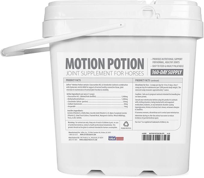 Jeffers Motion Potion Horse Joint Supplement Pellets – Glucosamine HCL, MSM, Chondroitin, Hyaluronic Acid, Vitamin C & E, Daily Equine Support for Senior & Active Horses – 10 lbs, 160 Day Supply