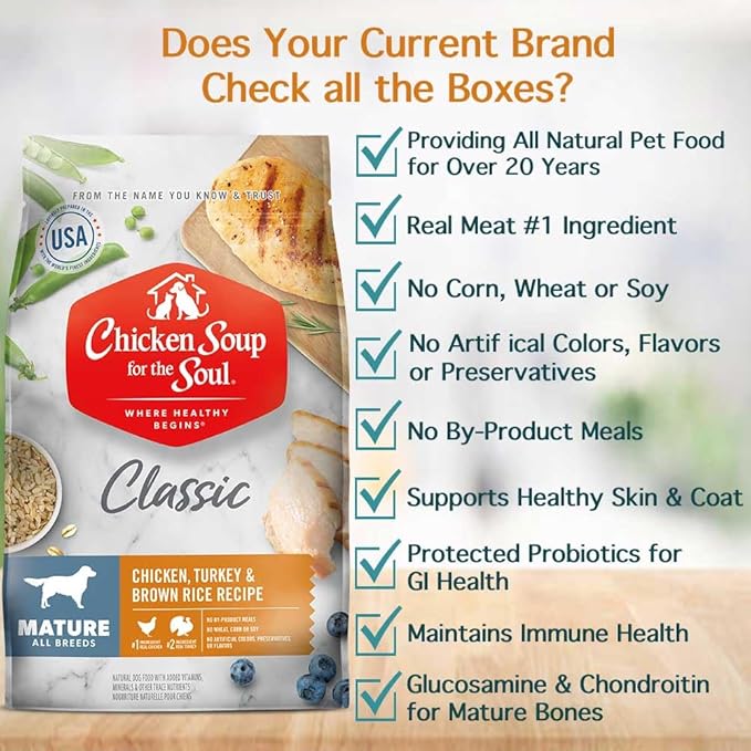 Chicken Soup for the Soul All Natural Premium Senior/Mature Dry Dog Food, Real Meat First Ingredient, No By-Products, Supports Joint Health and Mobility, Chicken, Turkey & Brown Rice, 4.5lb