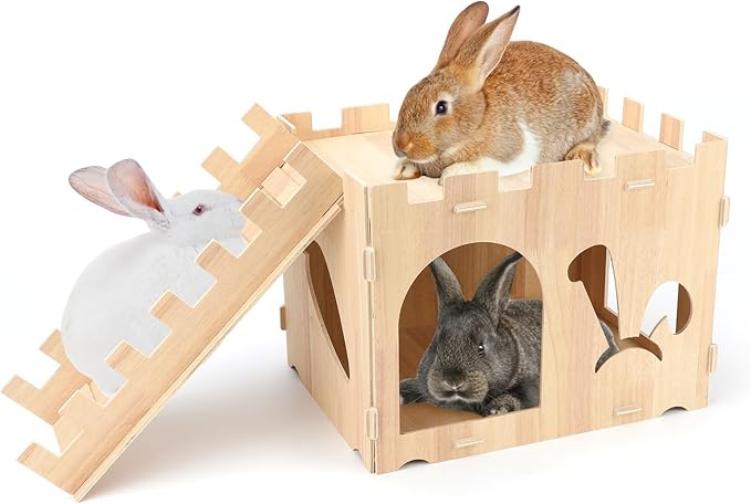 BWOGUE Extra Large Wooden Rabbit Castle Bunny House and Hideouts Detachable Small Animal Play Hideaway Hut for Indoor Adult Rabbit Guinea Pig Chinchilla Habitat