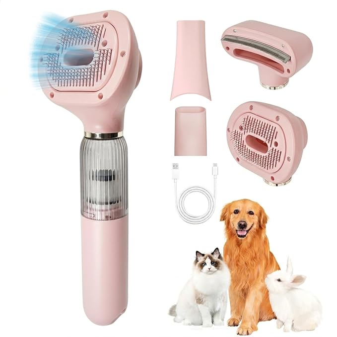 Vacuum Grooming Brush for Dog,4-In-1 Slicker Brush Kit for Shedding, Undercoat Deshedding Tool,Loose Hair Remover for Dog & Cat, Portable Pet Grooming Vacuum (pink)