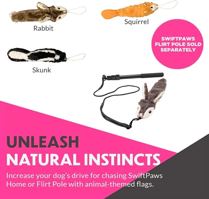 SwiftPaws Critter Pack - For Dogs - Soft Fabric Animal Flags - Stuffing + Noise Free - Durable Construction - Provides Exercise and Stimulation - For Use with SwiftPaws Lure Course or Flirt Pole - 14”