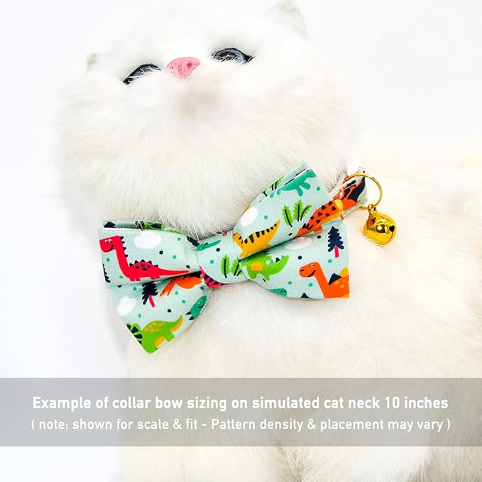 Cute Dinosaur Cat Bow Tie Collar, Green Cat Collar, Breakaway with Bell, Safety Plastic Buckle Collar for Cats