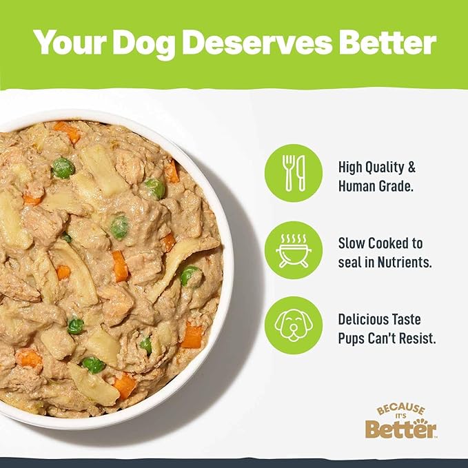 Because It's Better Entrée Complete Meal, Chicken & Pasta Recipe, Human Grade Wet Dog Food, 10 oz Pouches, 6 Count
