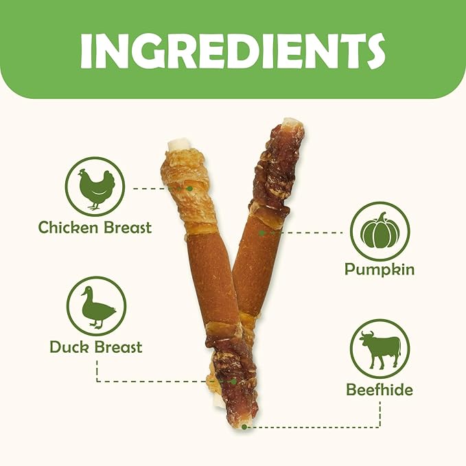 MON2SUN Dog Treats, 5 Inch Triple Flavor Chicken Pumpkin and Duck Wrapped Rawhide Sticks, Long Lasting Chews for Small and Medium Dogs, 21.16 oz (30 Count)