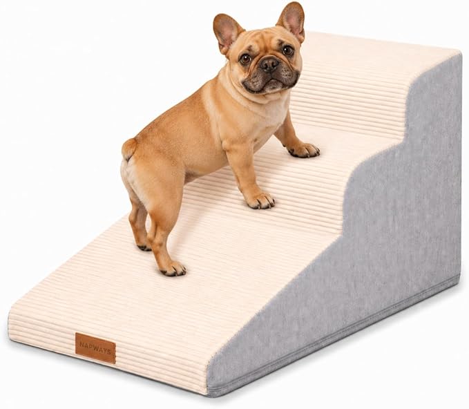 Dog Stairs for Small Dogs and Cats, 15.7" H, 3-Step Curved Pet Ramp for Couch Sofa and Chair, Non-Slip Medium Pet Steps with High Density Foam, Beige