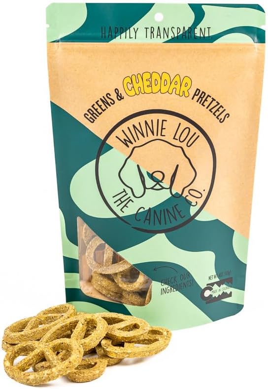 Winnie Lou Organic Dog Treats – Natural Dog Biscuits, USA Made, Organic Ingredients, Clean, Sensative Stomach, All Breed Sizes, High Protein, Hypoallergenic, Greens & Cheddar Pretzels (Pack of 1)