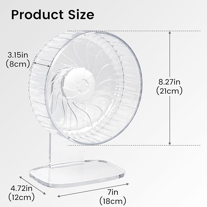 Silent Hamster Wheel, 8in Hamster Wheel with Adjustable Stand, Double-Bearing Quiet Spinner for Syrian Hamsters, Hedgehogs, Mice & Small Pets, Clear