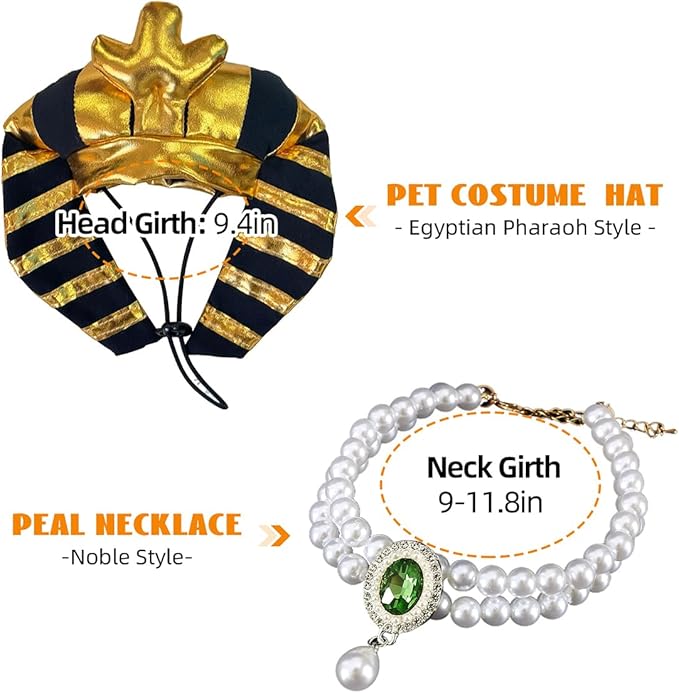 MANON ROSA Cat Egyptian Costume Set 2PC – Pet Golden King Pharaoh Headwear with Pearl Necklace, Cute Festival Cosplay Outfits Accessory & Photo Props for Small Medium Dogs Cats Puppies Kittens