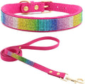Cute Dazzling Sparkling Elegant Fancy Soft Suede Leather Bling Rhinestone Crystal Jeweled Pet Cat Dog Puppy Collar Dog Leash Combo Set (L, Hot Pink-3)