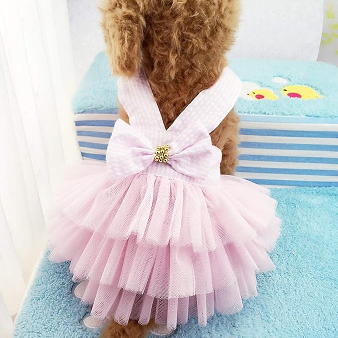 Dog Dresses, Fashion Pet Dog Clothes, Striped Mesh Puppy Dogs Princess Dresses (Pink, Large)