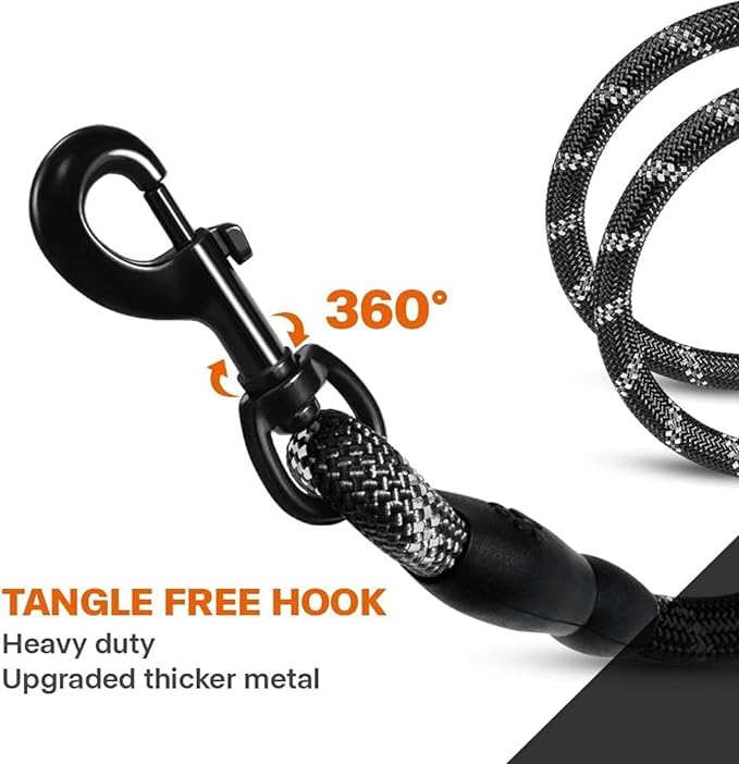 Taglory Rope Dog Leash 6 FT with Comfortable Padded Handle, Highly Reflective Threads Leash and Anti-Tangle Clip for Walking Medium Large Dogs, 1/2 inch, Black