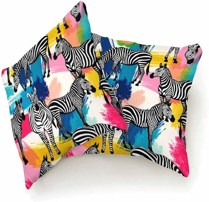 Throw Pillow Covers Black White Zebra Tropical Jungle Colorful Painting,Set of 2 Square Decorative,Cushion Pillows Cover for Couch and Bed for Men/Women 18X18 Inch