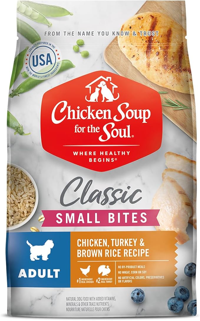 Chicken Soup for The Soul All Natural Premium Small Bites Adult Dry Dog Food, Real Meat First Ingredient, No by-Products, Supports Gut & Immune Health, Chicken, Turkey & Brown Rice, 28lb