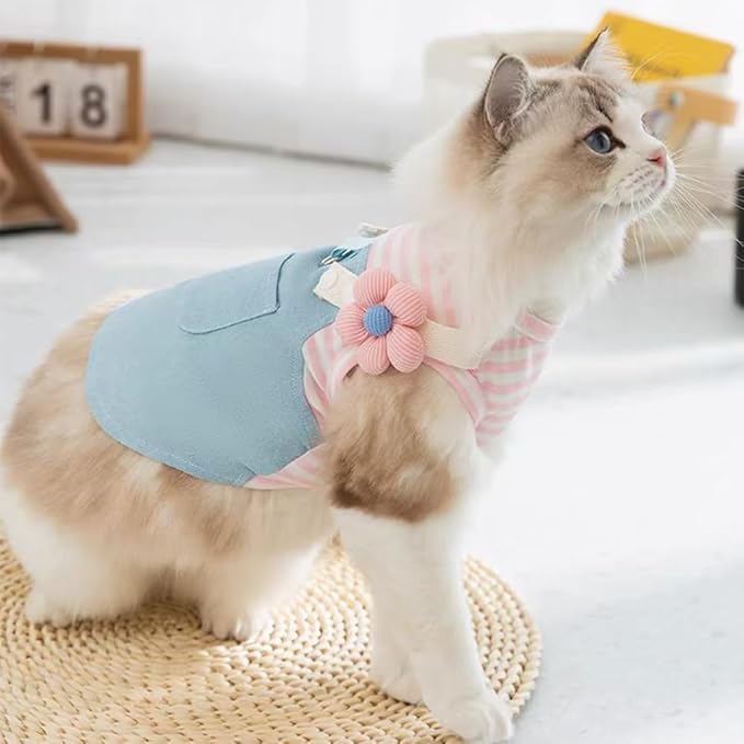 ANIAC Denim Small Puppy Dress 3D Flowers Girl Dog Clothes with D-Ring and Pocket Striped Female Cat Harness Dresses Shih Tzu Yorkies Chihuahua Outfits Summer Pet Clothing (X-Large, 3D Pink Flowers)