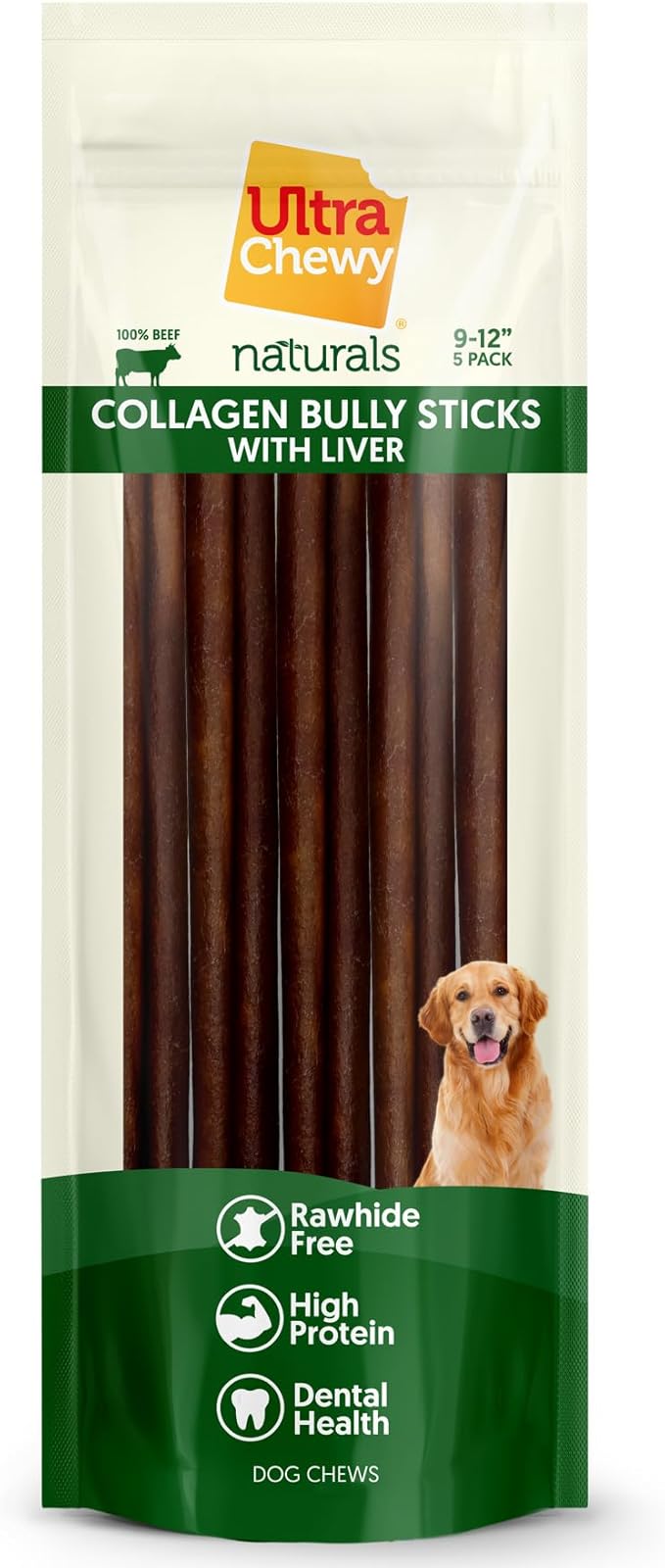 Ultra Chewy Collagen Sticks 9-12 inches (5 Pack) – Long Lasting Odor-Free, All-Natural Dog Chews – Rawhide & Bully Stick Alternative
