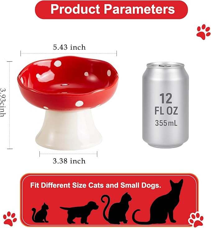 Ceramic Elevated Mushroom Cat Bowls, Tilted Raised Pet Dish Anti Vomit Kitten Bowl for Indoor Cats, Whisker Friendly Pet Food and Water Bowl for Kitten, Cat, Puppies, Dishwasher Safe (Red)