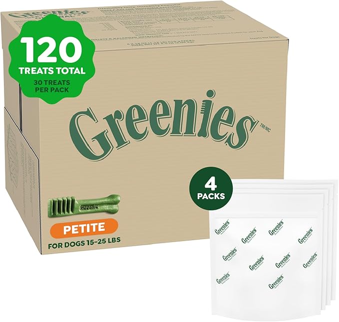 Greenies Veterinarian-Recommended Adult Natural Dental Dog Treats Petite Size, Original Flavor, (4) 30 ct Packs (120 Treats)
