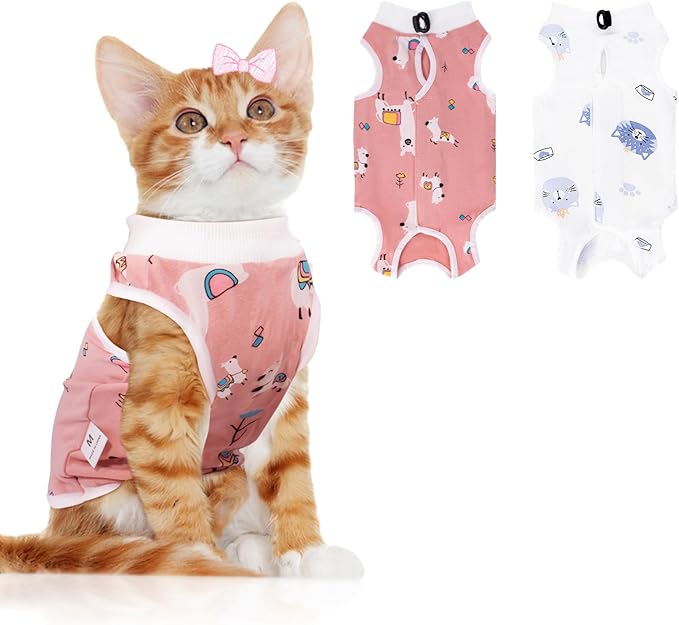 2 PCS Cat Recovery Suit Female Cat Onesie for Cats After Surgery Spay Abdominal Wounds, Kitten Recovery Suit Female Breathable E-Collar Alternative Kitten Onesie Anti Licking Large