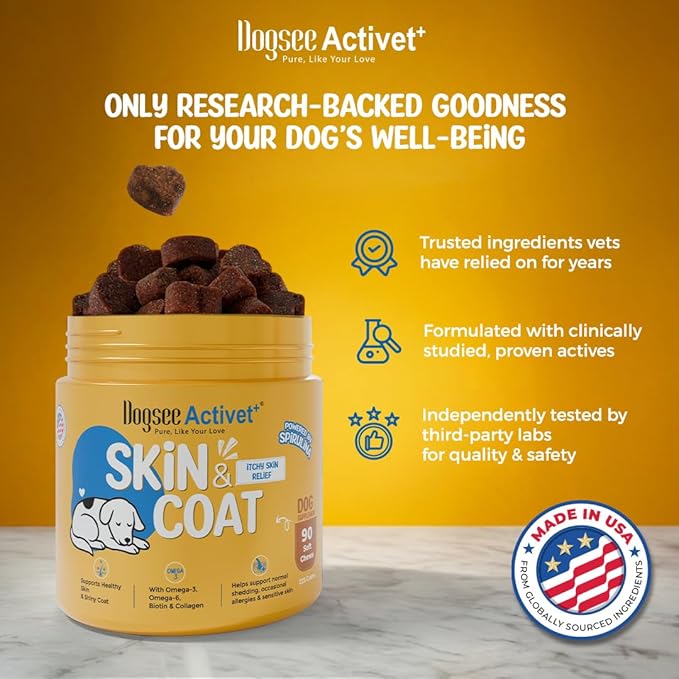 Dogsee Activet+ Dog Skin Coat Supplement Chews, with Omega 3, Omega 6, Biotin & Collagen, Itchy Skin & Shiny Coat Support, Chicken Flavor – 90 Chews