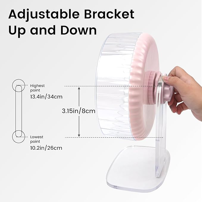 Silent Hamster Wheel, 10in Hamster Wheel with Adjustable Stand, Double-Bearing Quiet Spinner for Syrian Hamsters, Hedgehogs, Mice & Small Pets, Pink